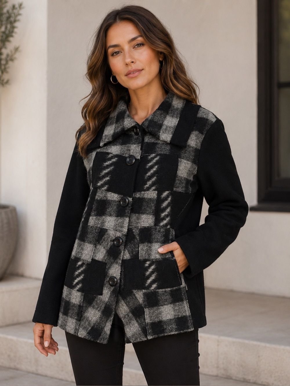 Chico’s Wool Blend Black & Gray Front Pockets Button Front Jacket Size L